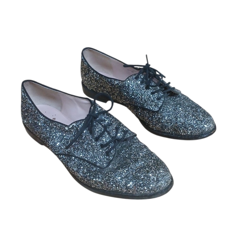 Kate Spade Glittery Silver And Black Lace Up Oxford Flats Size 8
